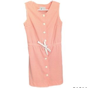 RARE Vintage Fountain Square Dress Peach Pink White Plaid Gingham‎ Button Front